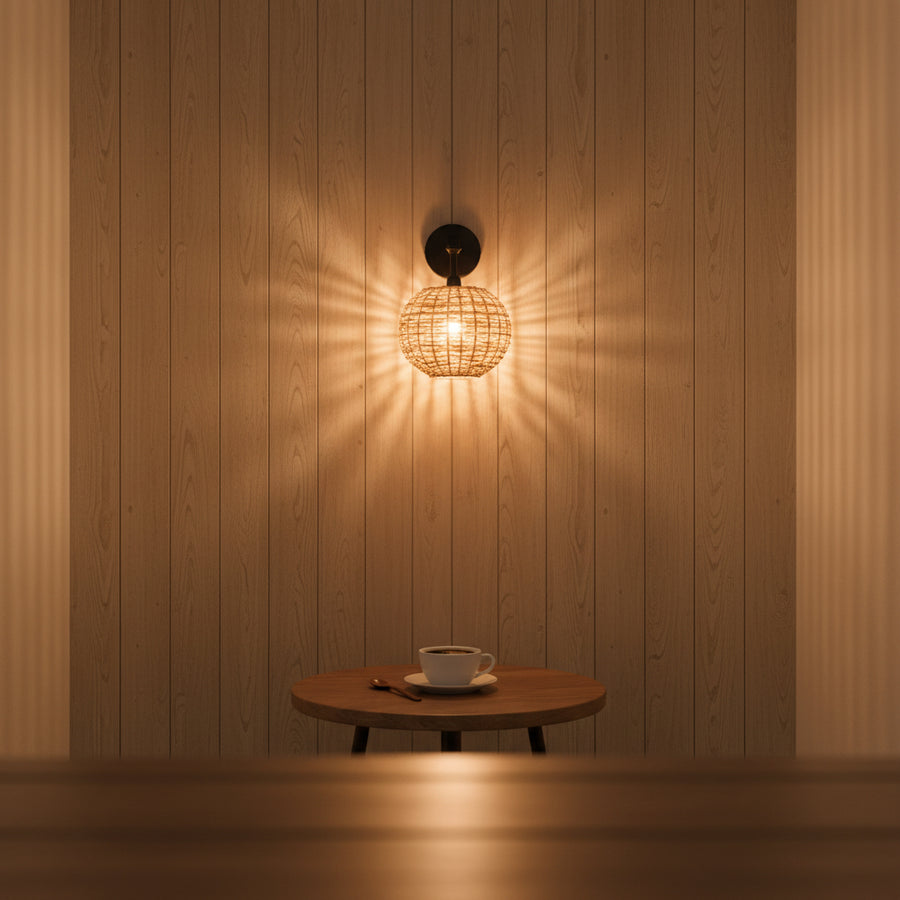 Handwoven Rattan Wall Lamp with Black Metal Arm | Warm Ambient Wall Light | Natural Boho Decor | H25 x D25 x W22 cm