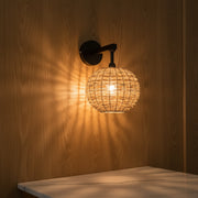 Handwoven Rattan Wall Lamp with Black Metal Arm | Warm Ambient Wall Light | Natural Boho Decor | H25 x D25 x W22 cm