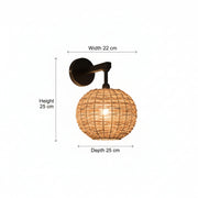 Handwoven Rattan Wall Lamp with Black Metal Arm | Warm Ambient Wall Light | Natural Boho Decor | H25 x D25 x W22 cm