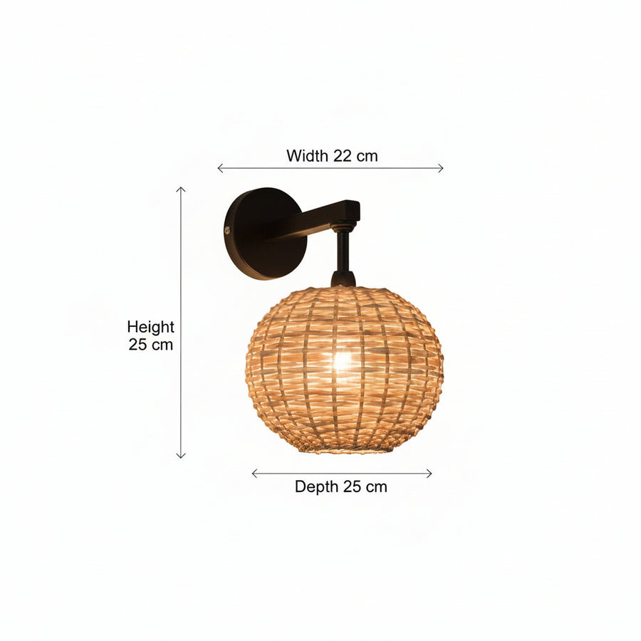 Handwoven Rattan Wall Lamp with Black Metal Arm | Warm Ambient Wall Light | Natural Boho Decor | H25 x D25 x W22 cm