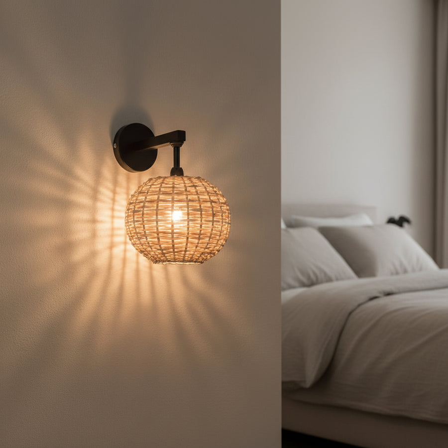 Handwoven Rattan Wall Lamp with Black Metal Arm | Warm Ambient Wall Light | Natural Boho Decor | H25 x D25 x W22 cm
