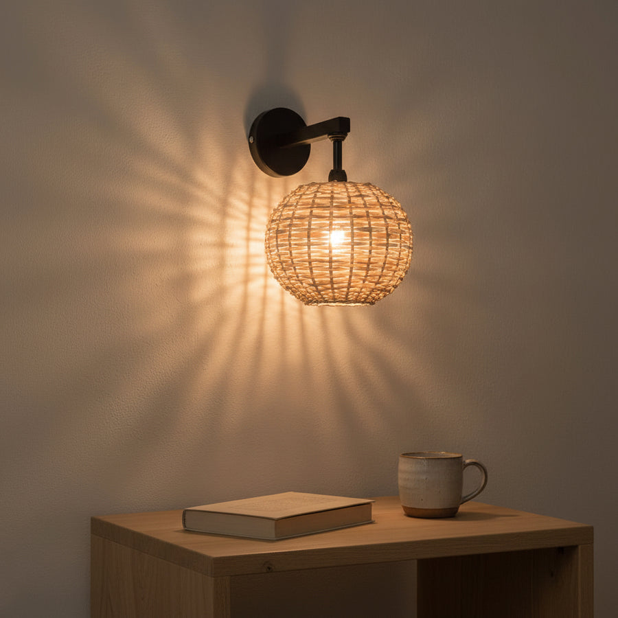 Handwoven Rattan Wall Lamp with Black Metal Arm | Warm Ambient Wall Light | Natural Boho Decor | H25 x D25 x W22 cm