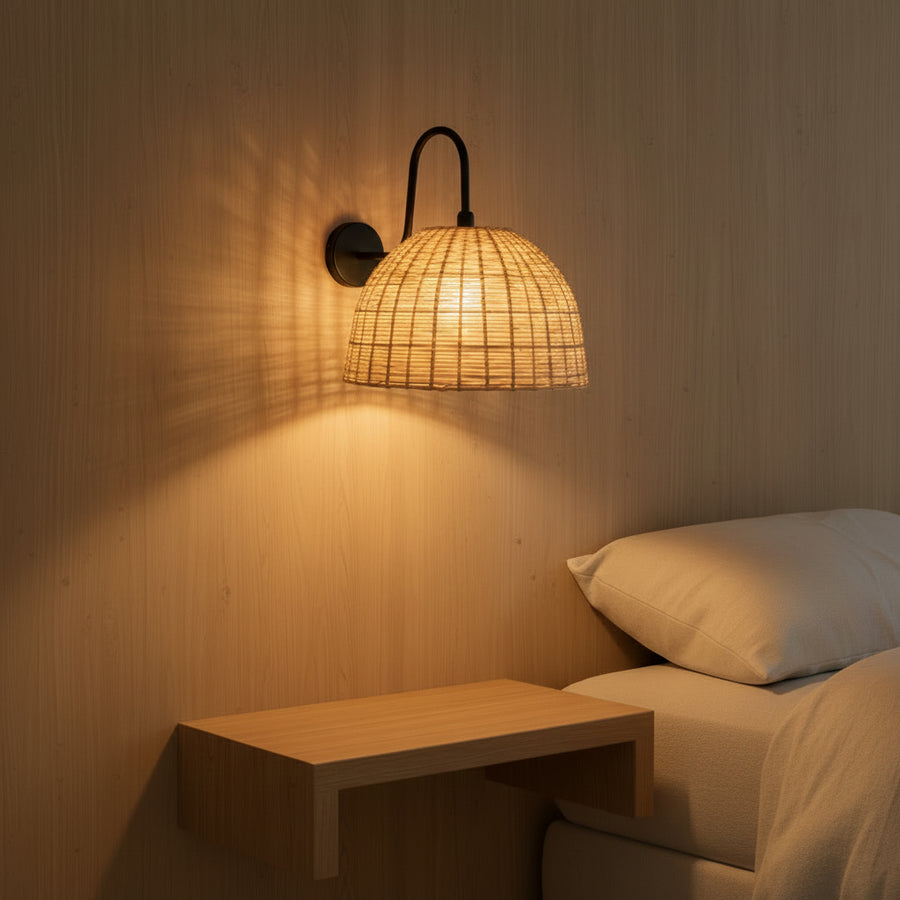 Handwoven Rattan Dome Wall Light – Wide Natural Beige Shade with Matte Black Arm