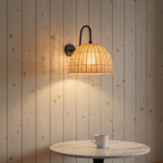 Handwoven Rattan Dome Wall Light – Wide Natural Beige Shade with Matte Black Arm