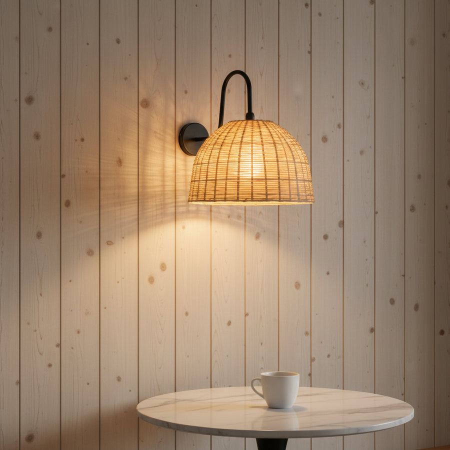 Handwoven Rattan Dome Wall Light – Wide Natural Beige Shade with Matte Black Arm