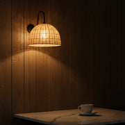 Handwoven Rattan Dome Wall Light – Wide Natural Beige Shade with Matte Black Arm