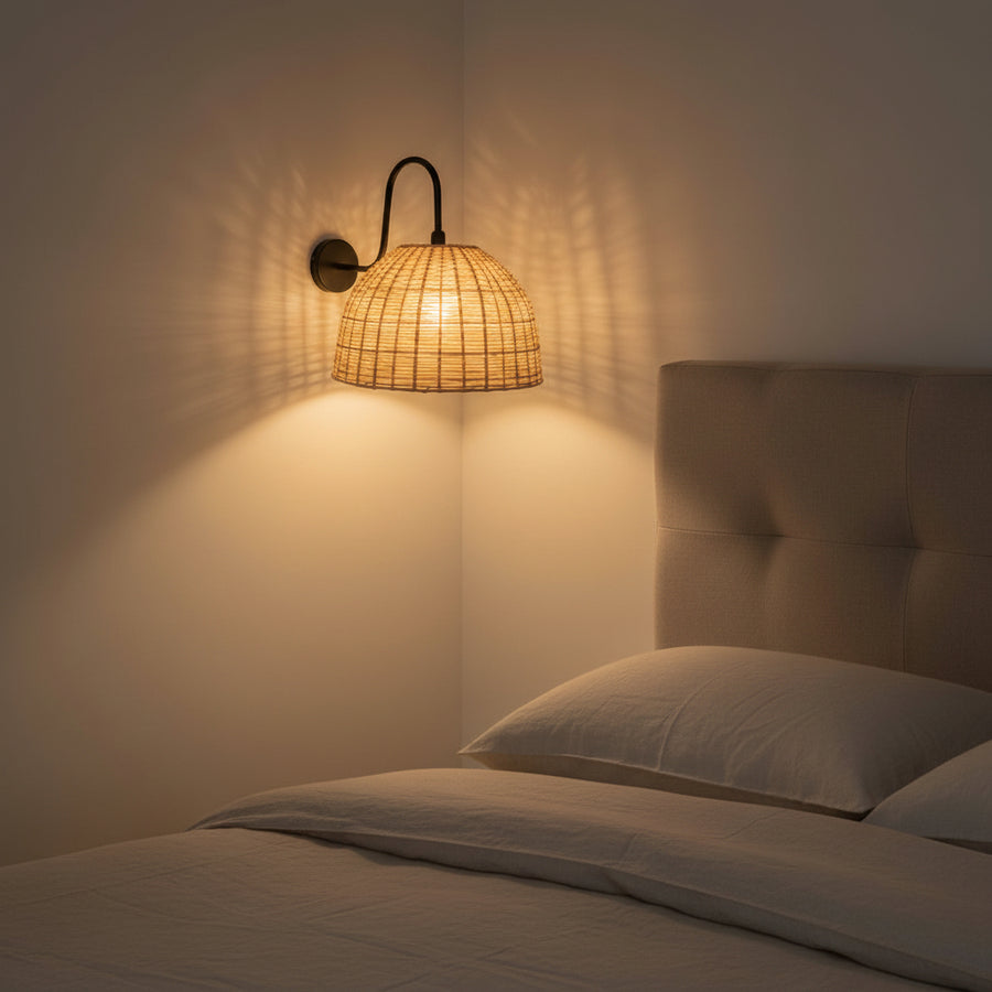 Handwoven Rattan Dome Wall Light – Wide Natural Beige Shade with Matte Black Arm