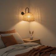 Handwoven Rattan Dome Wall Light – Wide Natural Beige Shade with Matte Black Arm