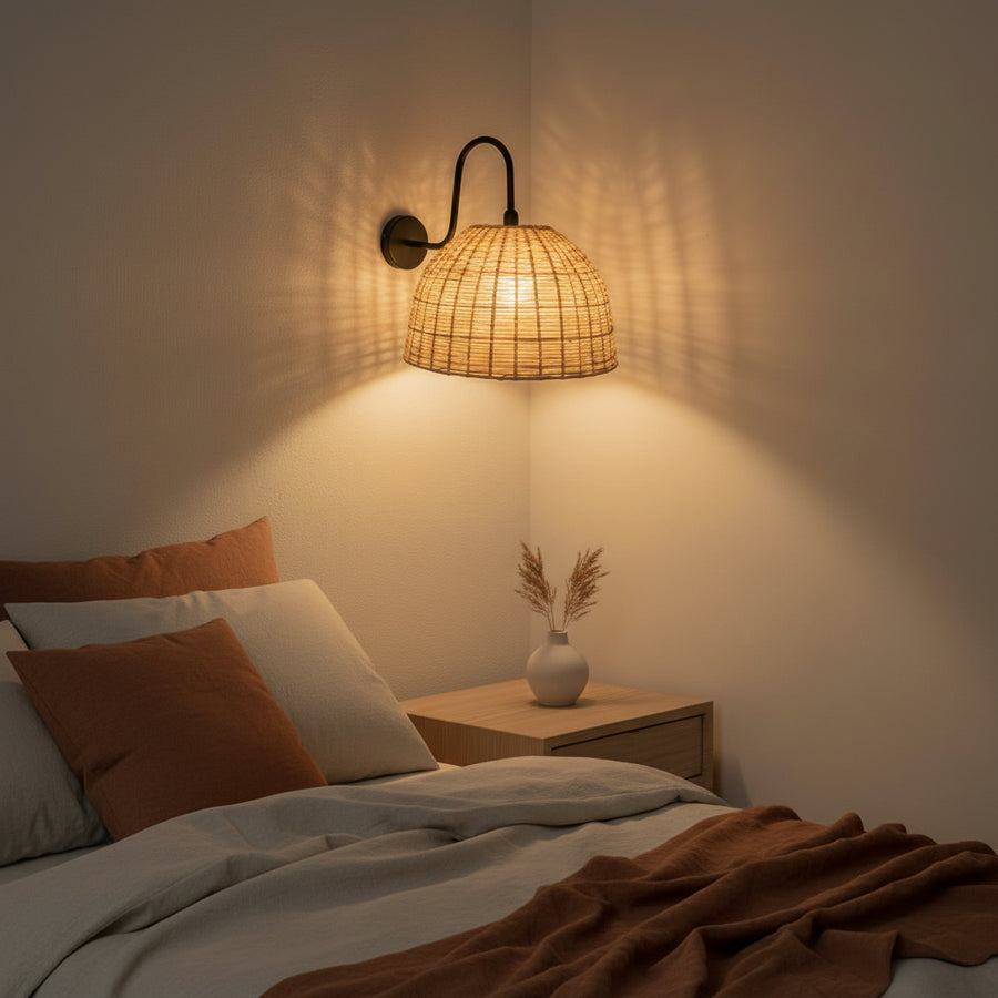 Handwoven Rattan Dome Wall Light – Wide Natural Beige Shade with Matte Black Arm