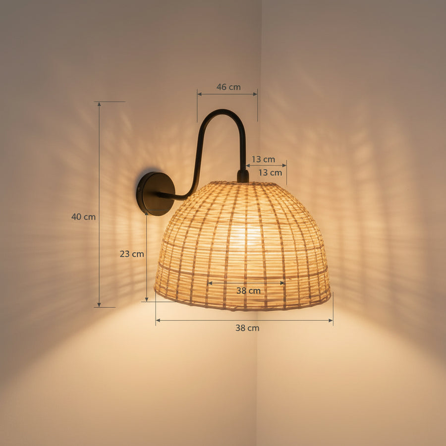 Handwoven Rattan Dome Wall Light – Wide Natural Beige Shade with Matte Black Arm