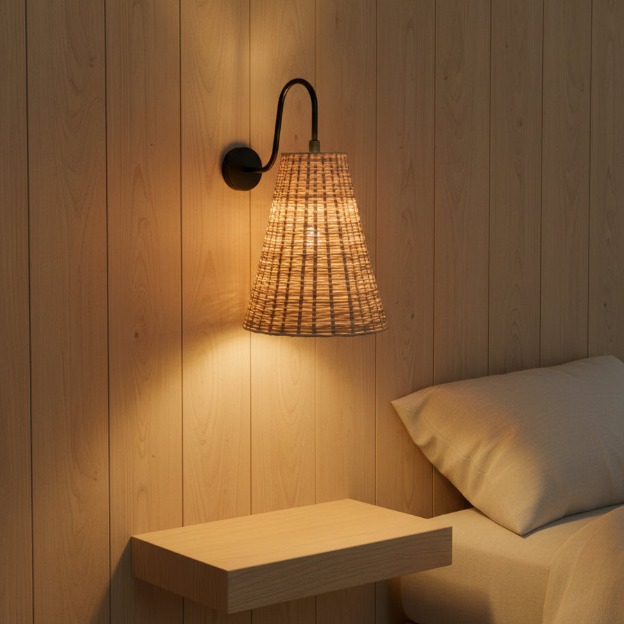 Handwoven Rattan Wall Light with Matte Black Arm – Warm Ambient Sconce