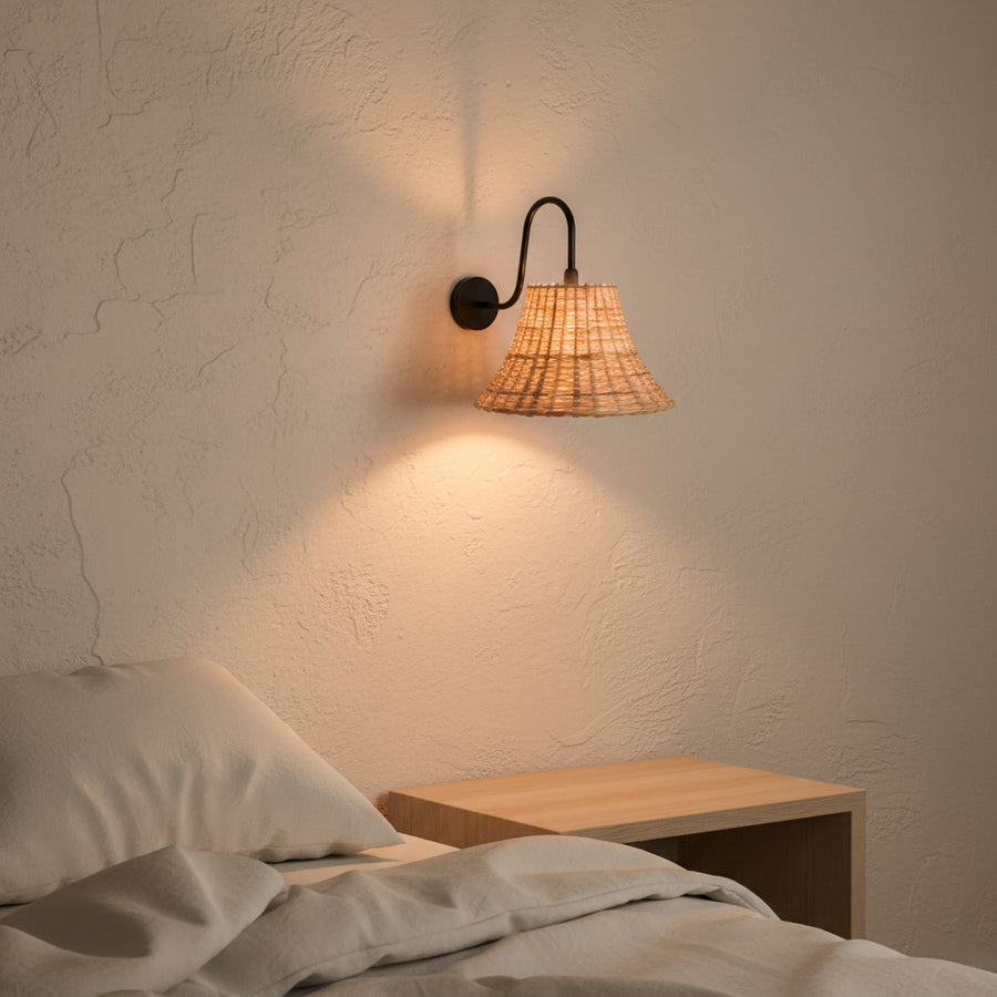 Handwoven Rattan Wall Light with Matte Black Arm | Natural Beige Shade | E14 Holder | 39 cm Height