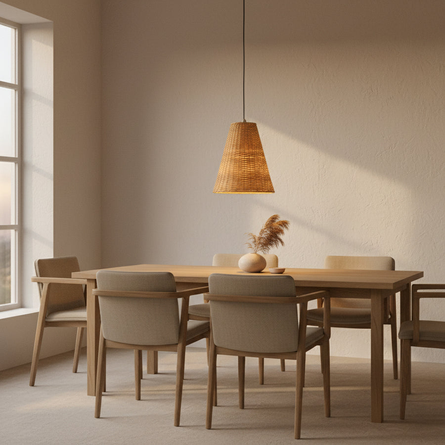 Handwoven Rattan Cone Pendant Light (2 Sizes) – Natural Woven Ceiling Lamp with Adjustable 100cm Hanging Height