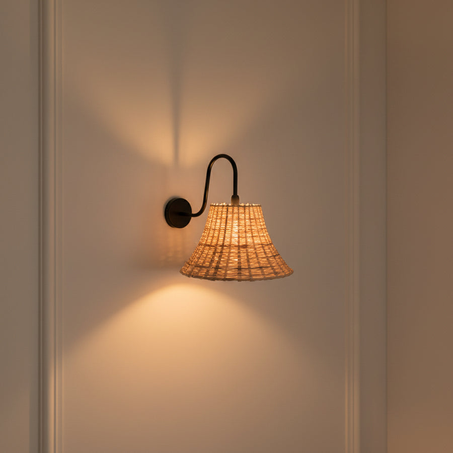 Handwoven Rattan Wall Light with Matte Black Arm | Natural Beige Shade | E14 Holder | 39 cm Height