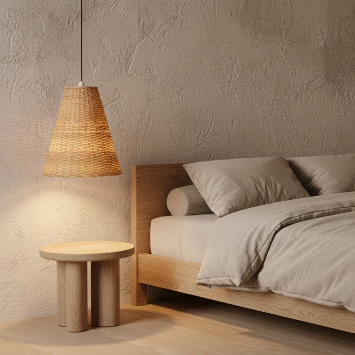 Handwoven Rattan Cone Pendant Light (2 Sizes) – Natural Woven Ceiling Lamp with Adjustable 100cm Hanging Height