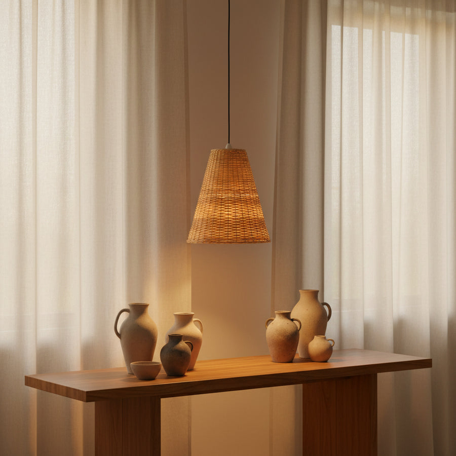 Handwoven Rattan Cone Pendant Light (2 Sizes) – Natural Woven Ceiling Lamp with Adjustable 100cm Hanging Height