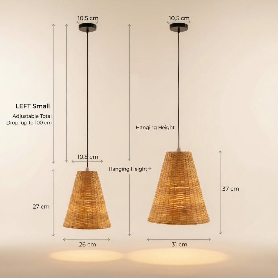 Handwoven Rattan Cone Pendant Light (2 Sizes) – Natural Woven Ceiling Lamp with Adjustable 100cm Hanging Height