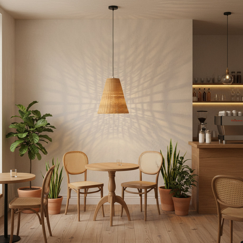 Handwoven Rattan Cone Pendant Light (2 Sizes) – Natural Woven Ceiling Lamp with Adjustable 100cm Hanging Height