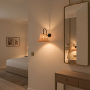 Handwoven Rattan Wall Light with Matte Black Arm | Natural Beige Shade | E14 Holder | 39 cm Height