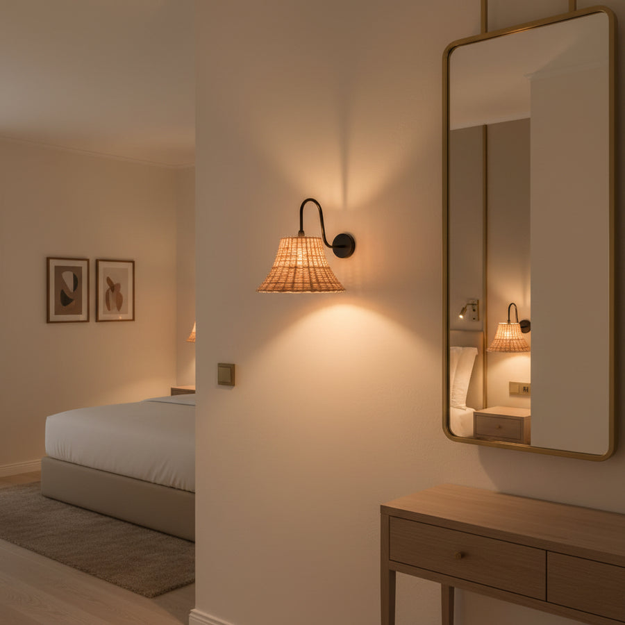 Handwoven Rattan Wall Light with Matte Black Arm | Natural Beige Shade | E14 Holder | 39 cm Height