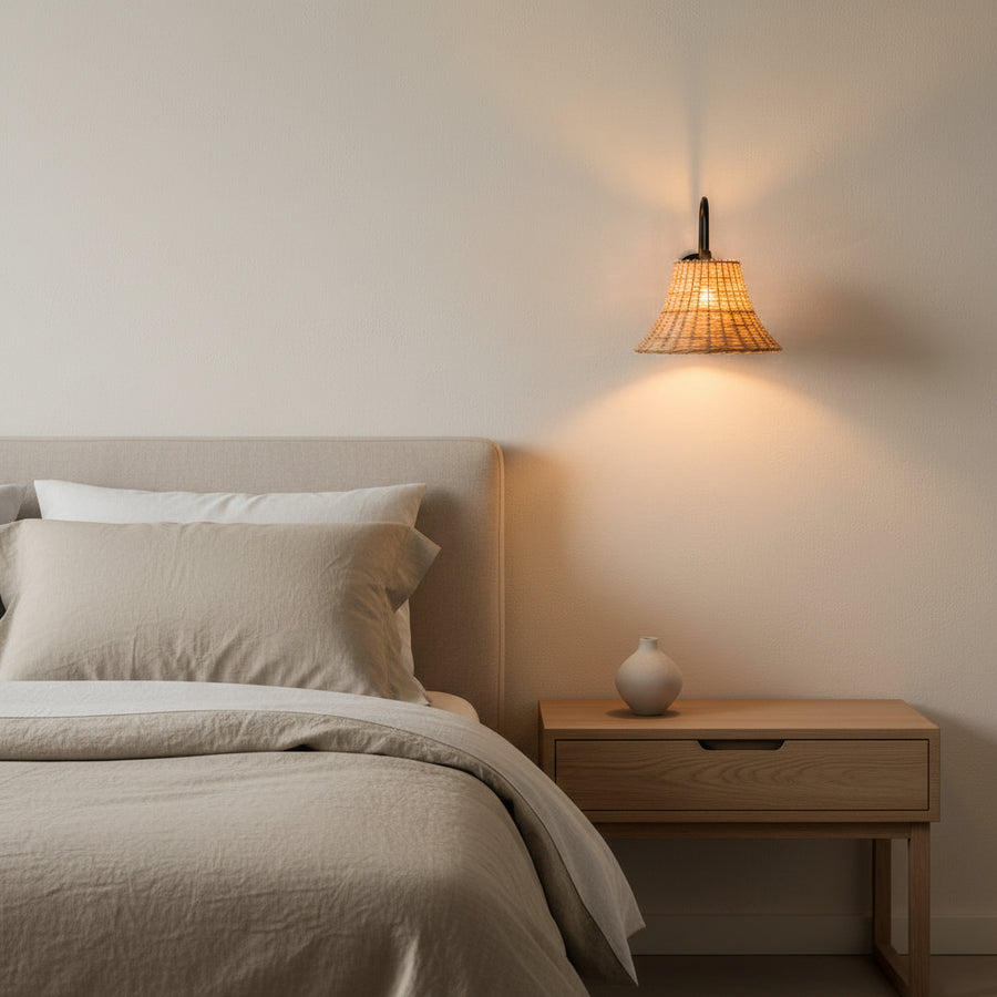 Handwoven Rattan Wall Light with Matte Black Arm | Natural Beige Shade | E14 Holder | 39 cm Height