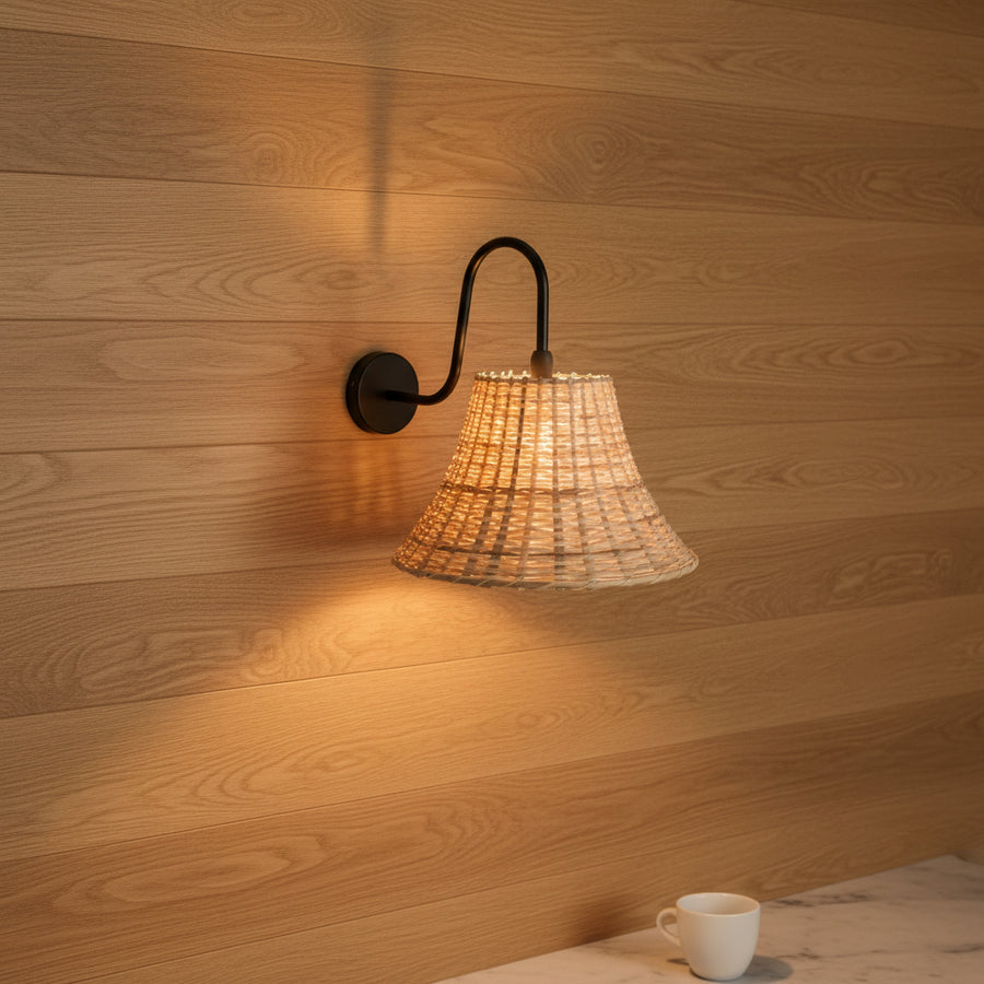 Handwoven Rattan Wall Light with Matte Black Arm | Natural Beige Shade | E14 Holder | 39 cm Height
