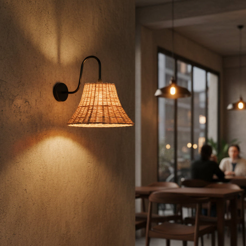 Handwoven Rattan Wall Light with Matte Black Arm | Natural Beige Shade | E14 Holder | 39 cm Height