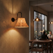 Handwoven Rattan Wall Light with Matte Black Arm | Natural Beige Shade | E14 Holder | 39 cm Height