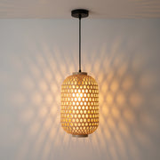 Handwoven Cylindrical Rattan Ceiling Pendant Light | Natural Beige Hanging Lamp | Matte Black Ceiling Plate