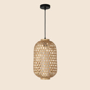 Handwoven Cylindrical Rattan Ceiling Pendant Light | Natural Beige Hanging Lamp | Matte Black Ceiling Plate
