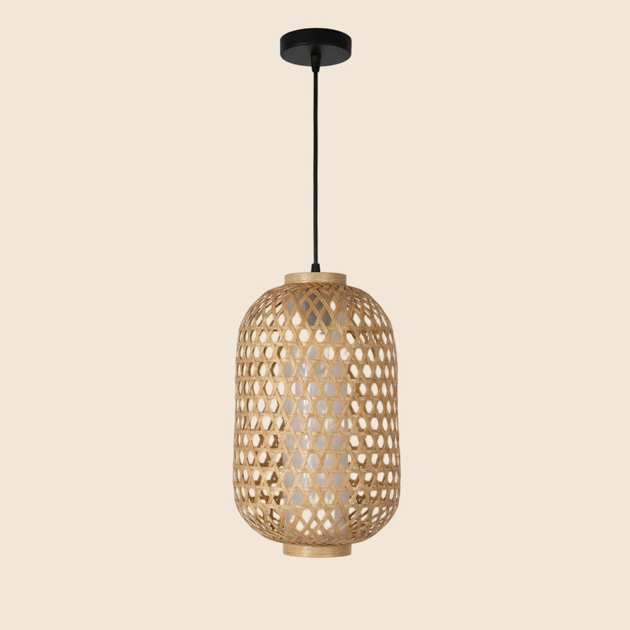 Handwoven Cylindrical Rattan Ceiling Pendant Light | Natural Beige Hanging Lamp | Matte Black Ceiling Plate