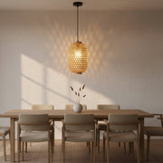 Handwoven Cylindrical Rattan Ceiling Pendant Light | Natural Beige Hanging Lamp | Matte Black Ceiling Plate