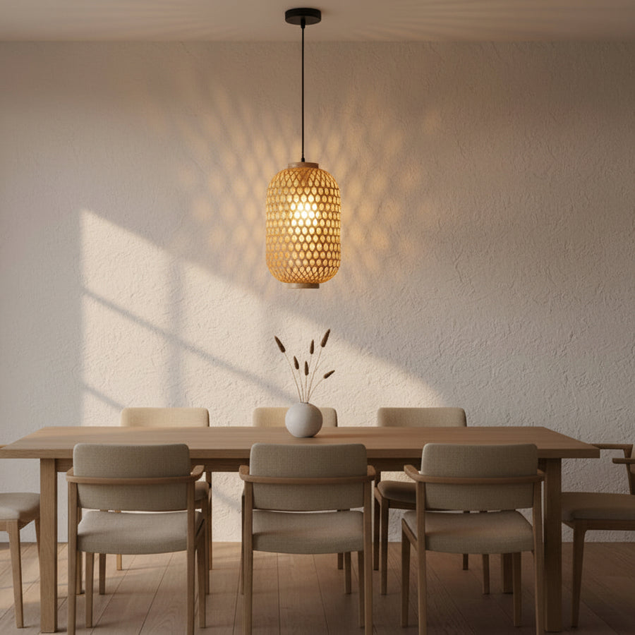 Handwoven Cylindrical Rattan Ceiling Pendant Light | Natural Beige Hanging Lamp | Matte Black Ceiling Plate