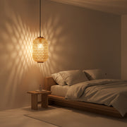 Handwoven Cylindrical Rattan Ceiling Pendant Light | Natural Beige Hanging Lamp | Matte Black Ceiling Plate