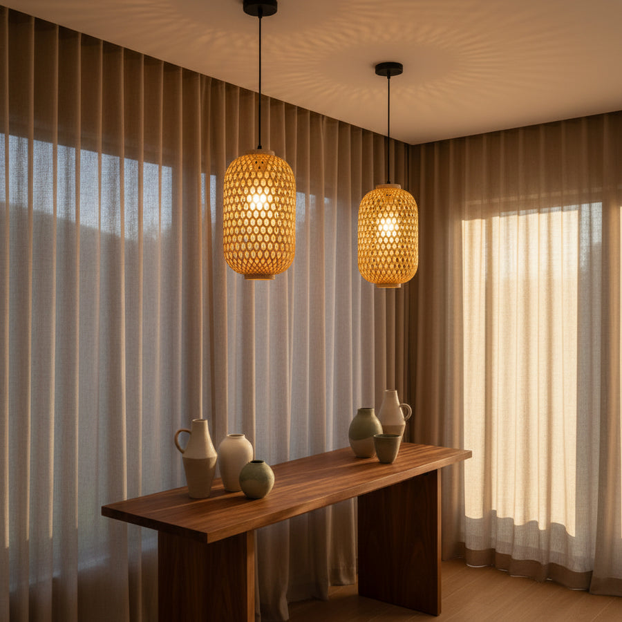 Handwoven Cylindrical Rattan Ceiling Pendant Light | Natural Beige Hanging Lamp | Matte Black Ceiling Plate