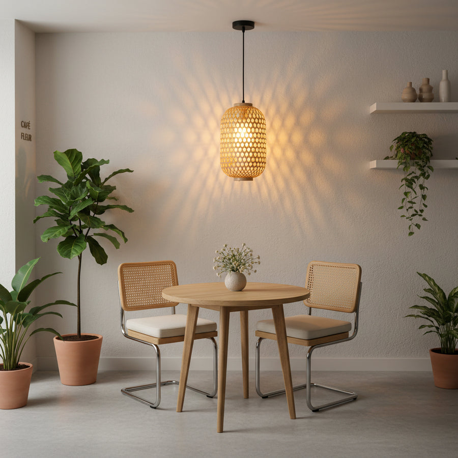 Handwoven Cylindrical Rattan Ceiling Pendant Light | Natural Beige Hanging Lamp | Matte Black Ceiling Plate