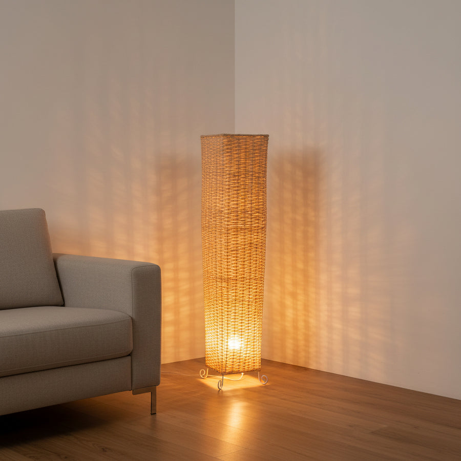 Natural Rattan Floor Lamp – 90cm Tall Decorative Standing Light with Bottom Side Bulb & Warm Upward Glow