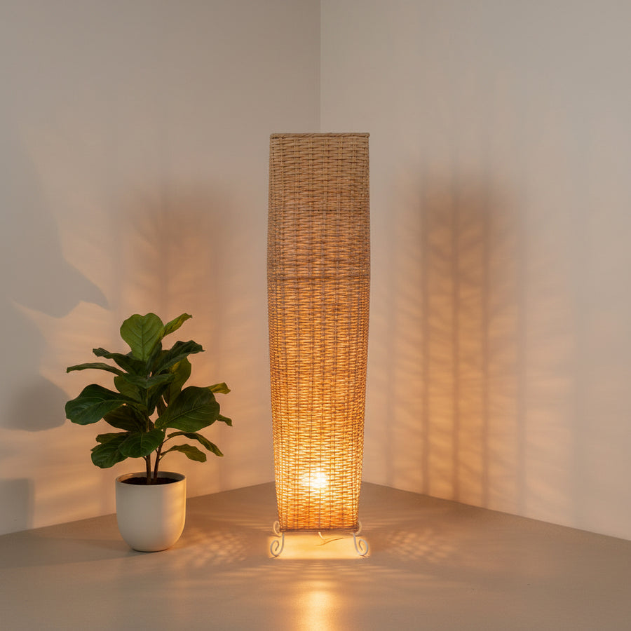 Natural Rattan Floor Lamp – 90cm Tall Decorative Standing Light with Bottom Side Bulb & Warm Upward Glow