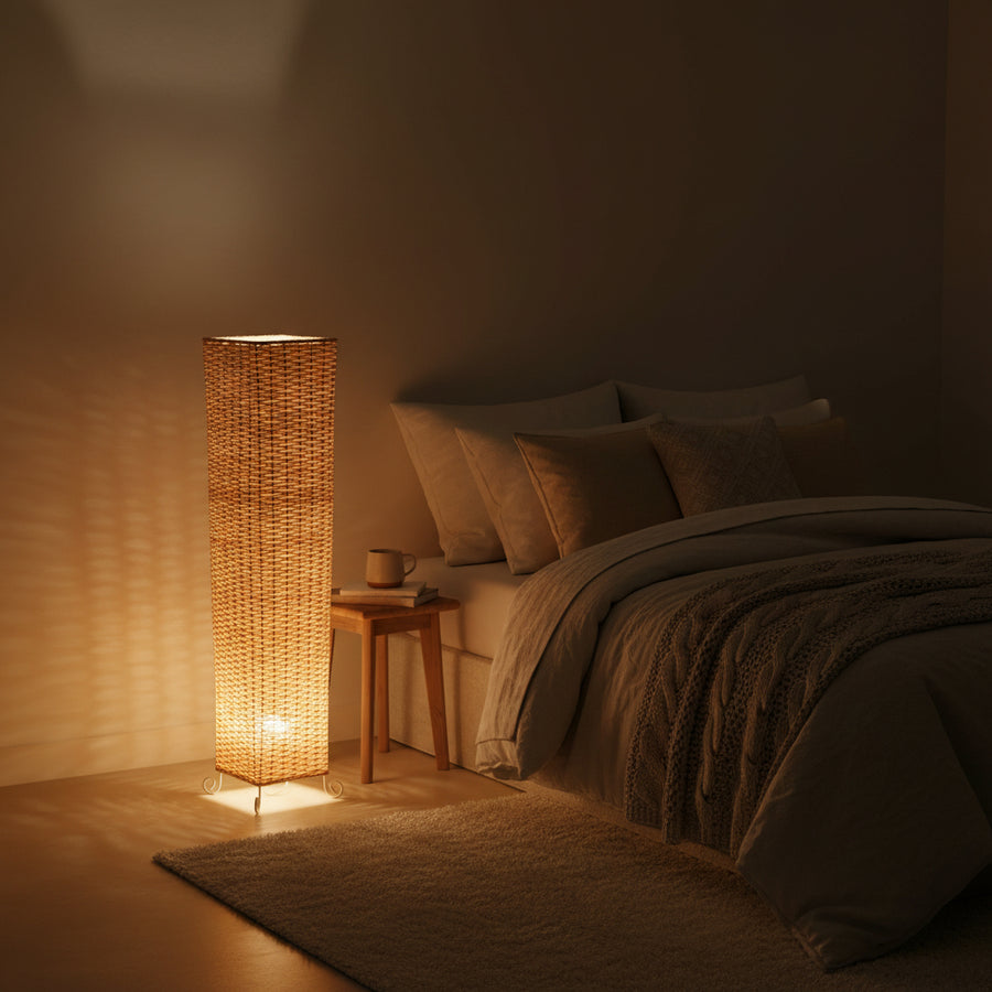 Natural Rattan Floor Lamp – 90cm Tall Decorative Standing Light with Bottom Side Bulb & Warm Upward Glow