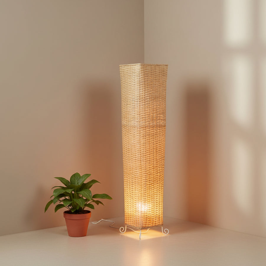 Natural Rattan Floor Lamp – 90cm Tall Decorative Standing Light with Bottom Side Bulb & Warm Upward Glow