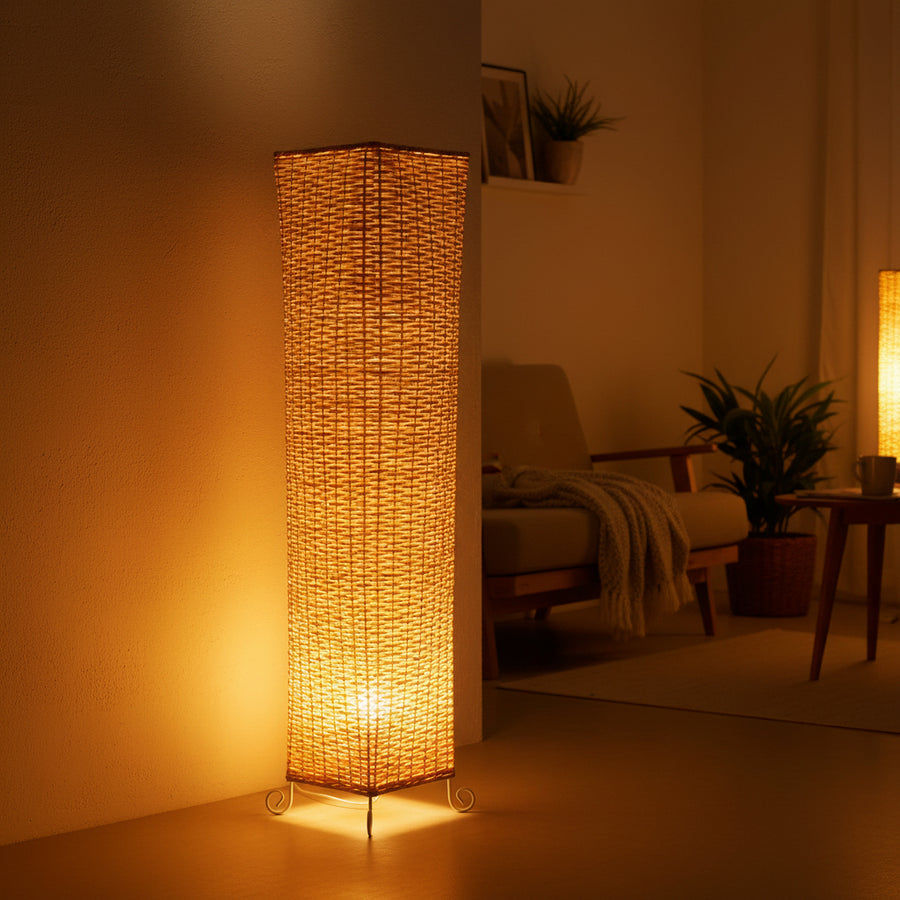 Natural Rattan Floor Lamp – 90cm Tall Decorative Standing Light with Bottom Side Bulb & Warm Upward Glow