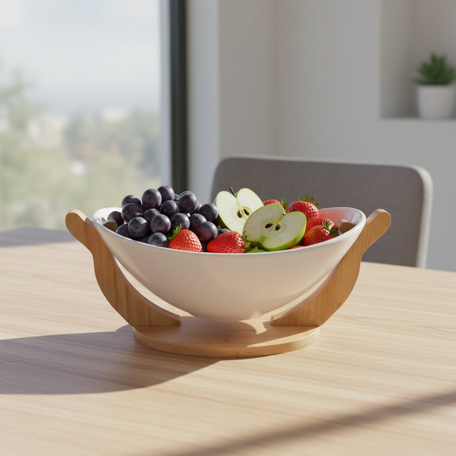 Ceramic Serving Bowl with Bamboo Stand | Modern Snack & Fruit Bowl | Elegant Table Serving Dish