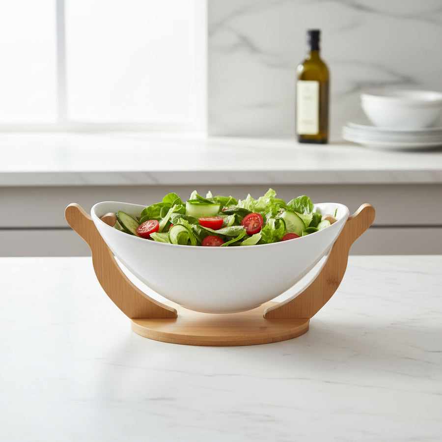 Ceramic Serving Bowl with Bamboo Stand | Modern Snack & Fruit Bowl | Elegant Table Serving Dish