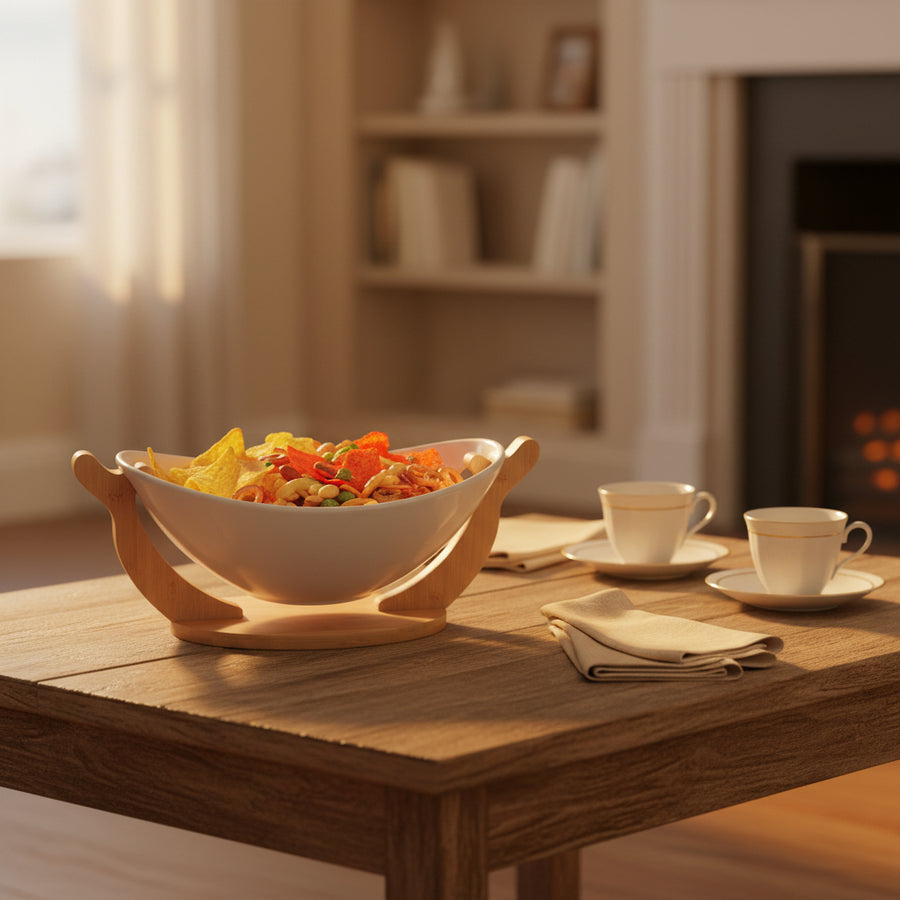 Ceramic Serving Bowl with Bamboo Stand | Modern Snack & Fruit Bowl | Elegant Table Serving Dish