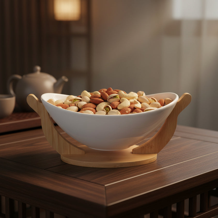 Ceramic Serving Bowl with Bamboo Stand | Modern Snack & Fruit Bowl | Elegant Table Serving Dish
