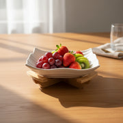 Ribbed Ceramic Serving Bowl with Bamboo Stand | Modern Snack & Fruit Bowl | Elegant Table Serving Dish