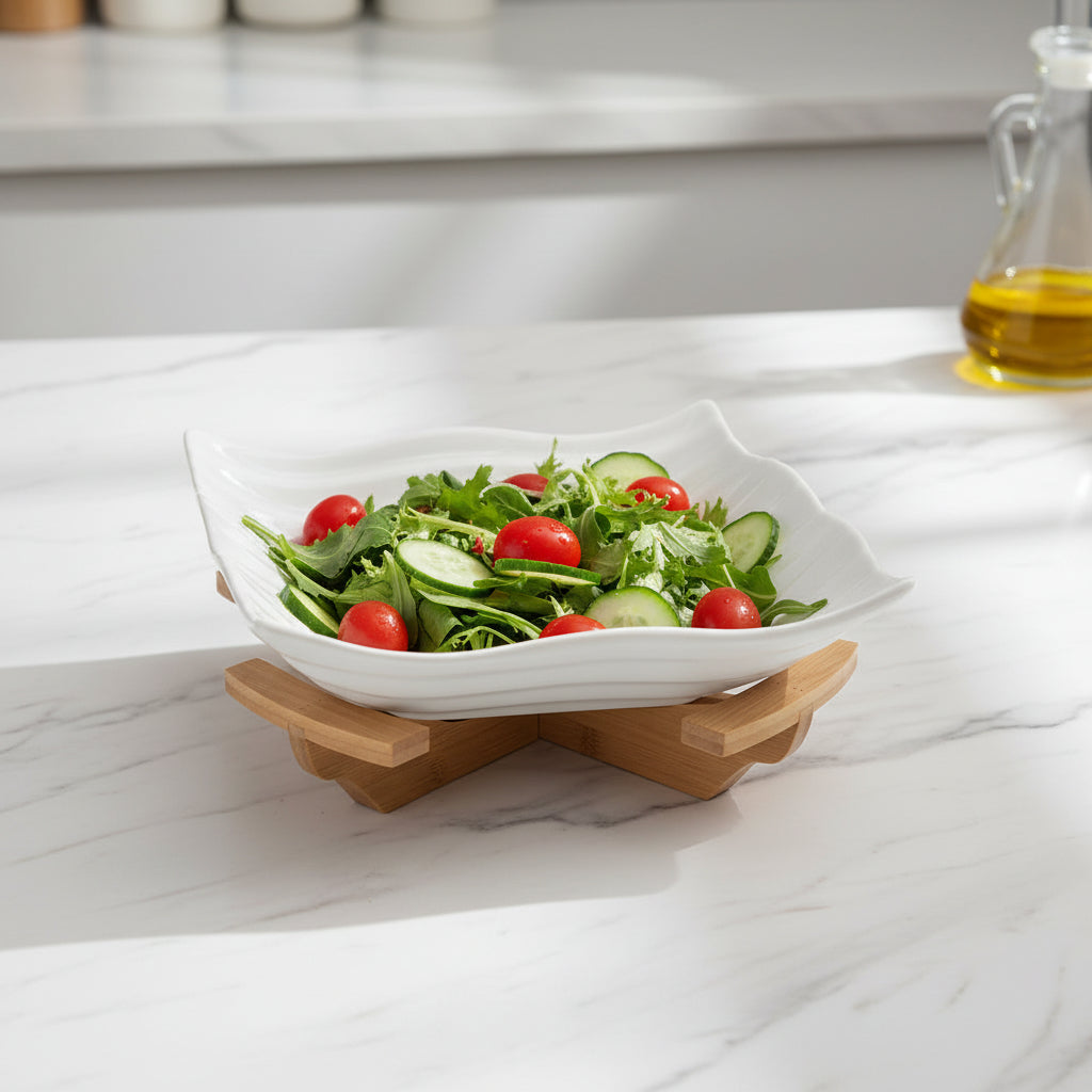 Ribbed Ceramic Serving Bowl with Bamboo Stand | Modern Snack & Fruit Bowl | Elegant Table Serving Dish