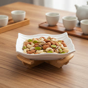 Ribbed Ceramic Serving Bowl with Bamboo Stand | Modern Snack & Fruit Bowl | Elegant Table Serving Dish