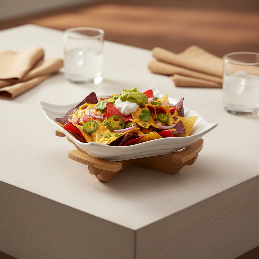 Ribbed Ceramic Serving Bowl with Bamboo Stand | Modern Snack & Fruit Bowl | Elegant Table Serving Dish