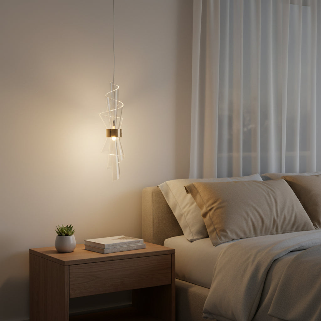 Modern Twisted Acrylic Pendant Light with Brushed Gold Band | 3 Color LED Hanging Light | Contemporary Decorative Ceiling Light